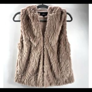 Express Women's Beige Faux Fur Hooded Vest with Cotton Lining Size XS
